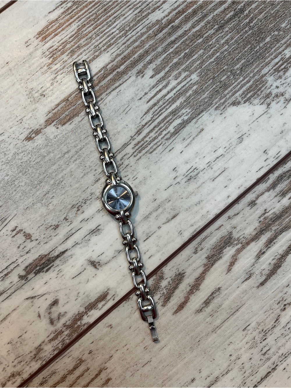 Vintage Fossil F2 Series Watch Womens ES 8966 Silver Link Blue Dial